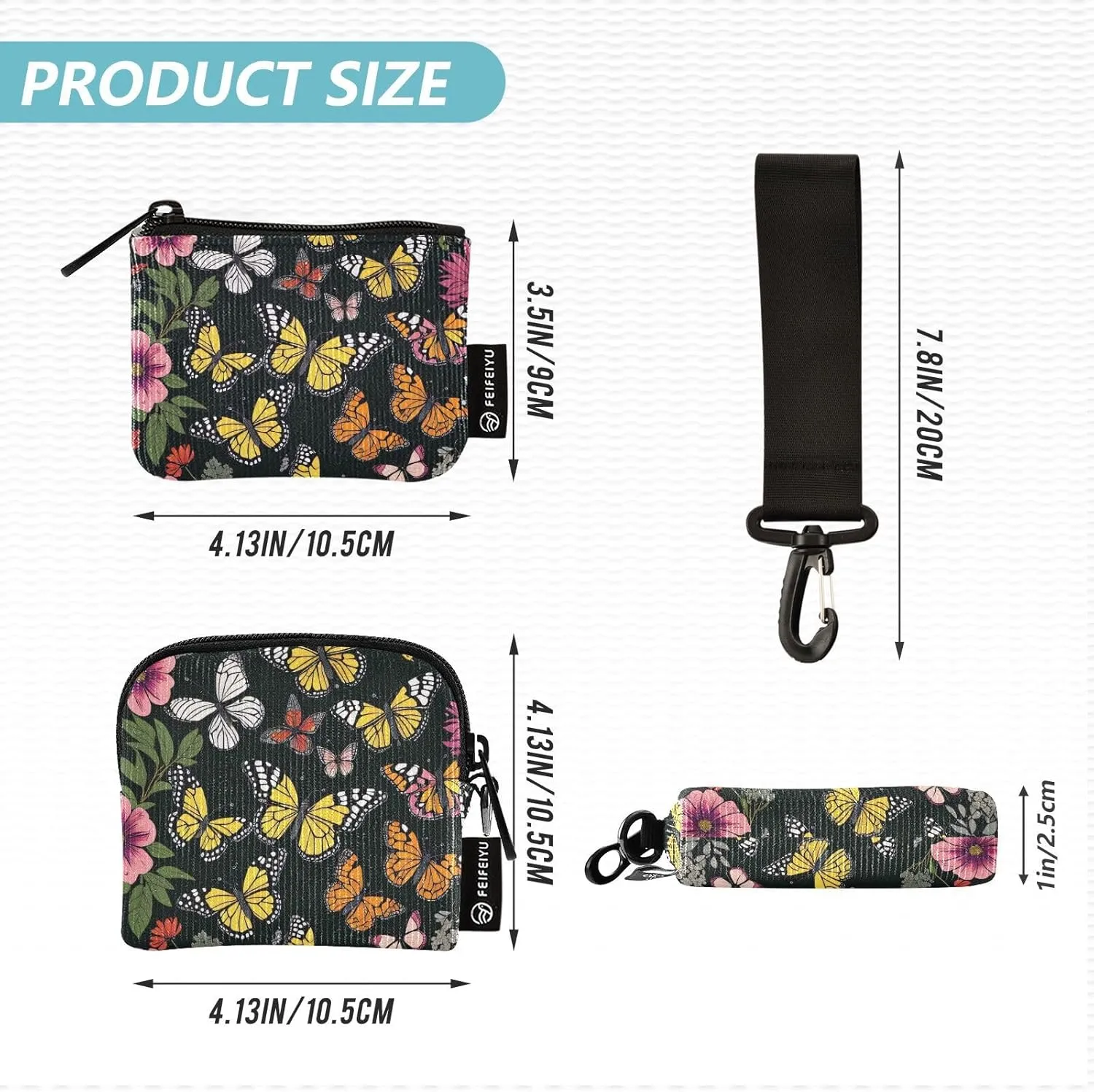 2Pcs Small Coin Purse Pouch with Zipper Credit Card Holder Change Purse Portable Mini Wristlet Wallets for Women Men Travel Work Butterfly Colorful Pretty