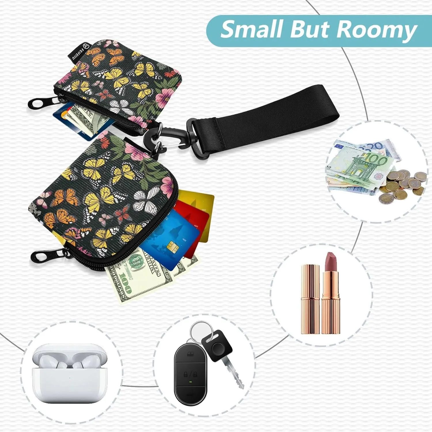 2Pcs Small Coin Purse Pouch with Zipper Credit Card Holder Change Purse Portable Mini Wristlet Wallets for Women Men Travel Work Butterfly Colorful Pretty