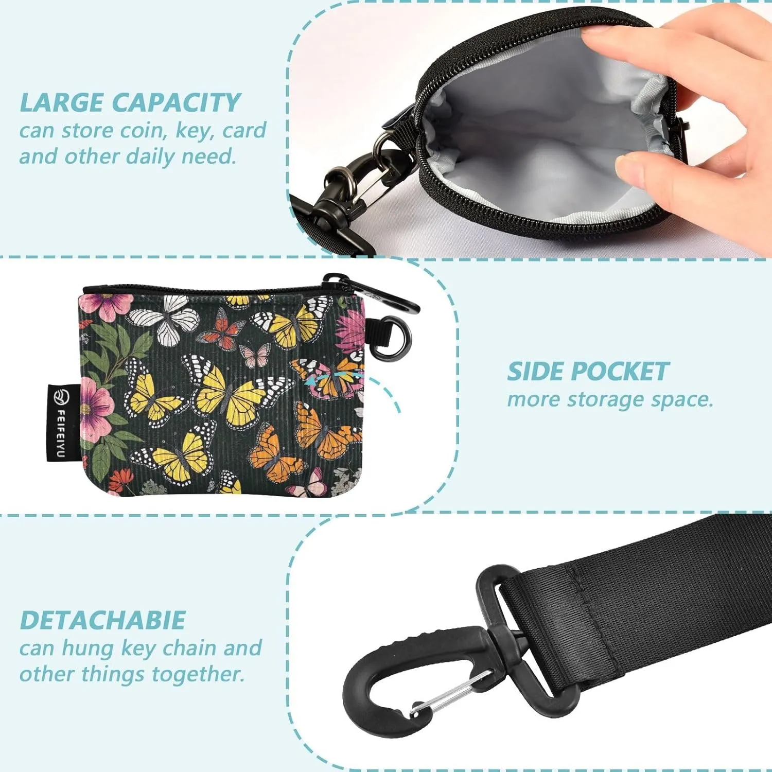 2Pcs Small Coin Purse Pouch with Zipper Credit Card Holder Change Purse Portable Mini Wristlet Wallets for Women Men Travel Work Butterfly Colorful Pretty