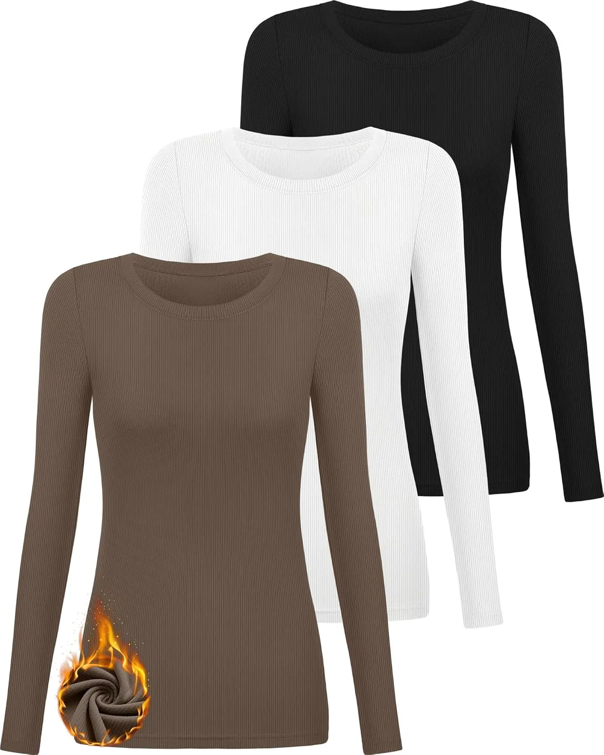 3 Pack Women's Ribbed Long Sleeve Thermal Tops Thin Fleece Lined Crew Neck Shirts Warm Winter Basic Undershirt Tee