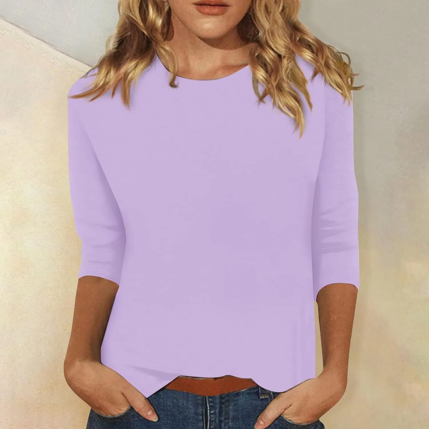 3/4 Length Sleeve Womens Tops Casual Loose Fit Crewneck T Shirts Cute Solid Three Quarter Length Tunic Tops