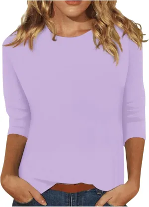 3/4 Length Sleeve Womens Tops Casual Loose Fit Crewneck T Shirts Cute Solid Three Quarter Length Tunic Tops