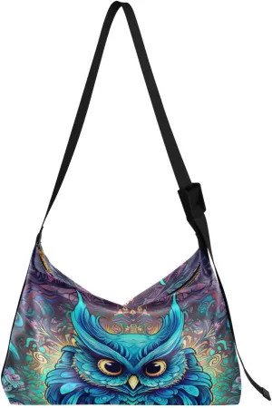 Abstract Blue Owl Shoulder Bag for Women Waterproof PU Leather Hobo Bags Crossbody Purse with Zipper Closure