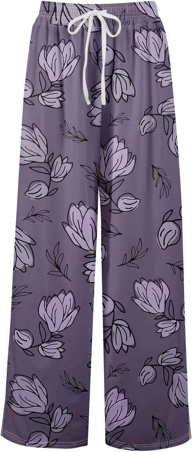 ADHOWBEW Womens Wide Leg Pants Loose Fit Wide Leg Bohemian Print Summer Plus Size 2025 Dressy Flowy Trousers