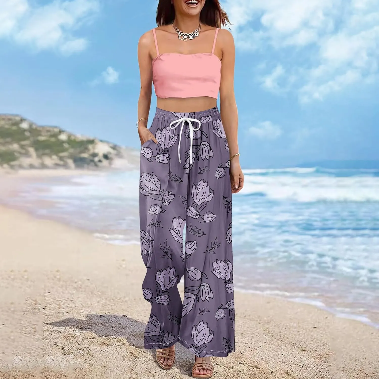 ADHOWBEW Womens Wide Leg Pants Loose Fit Wide Leg Bohemian Print Summer Plus Size 2025 Dressy Flowy Trousers