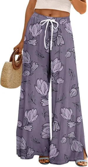 ADHOWBEW Womens Wide Leg Pants Loose Fit Wide Leg Bohemian Print Summer Plus Size 2025 Dressy Flowy Trousers