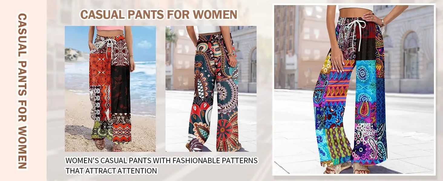 ADHOWBEW Womens Wide Leg Pants Loose Fit Wide Leg Bohemian Print Summer Plus Size 2025 Dressy Flowy Trousers