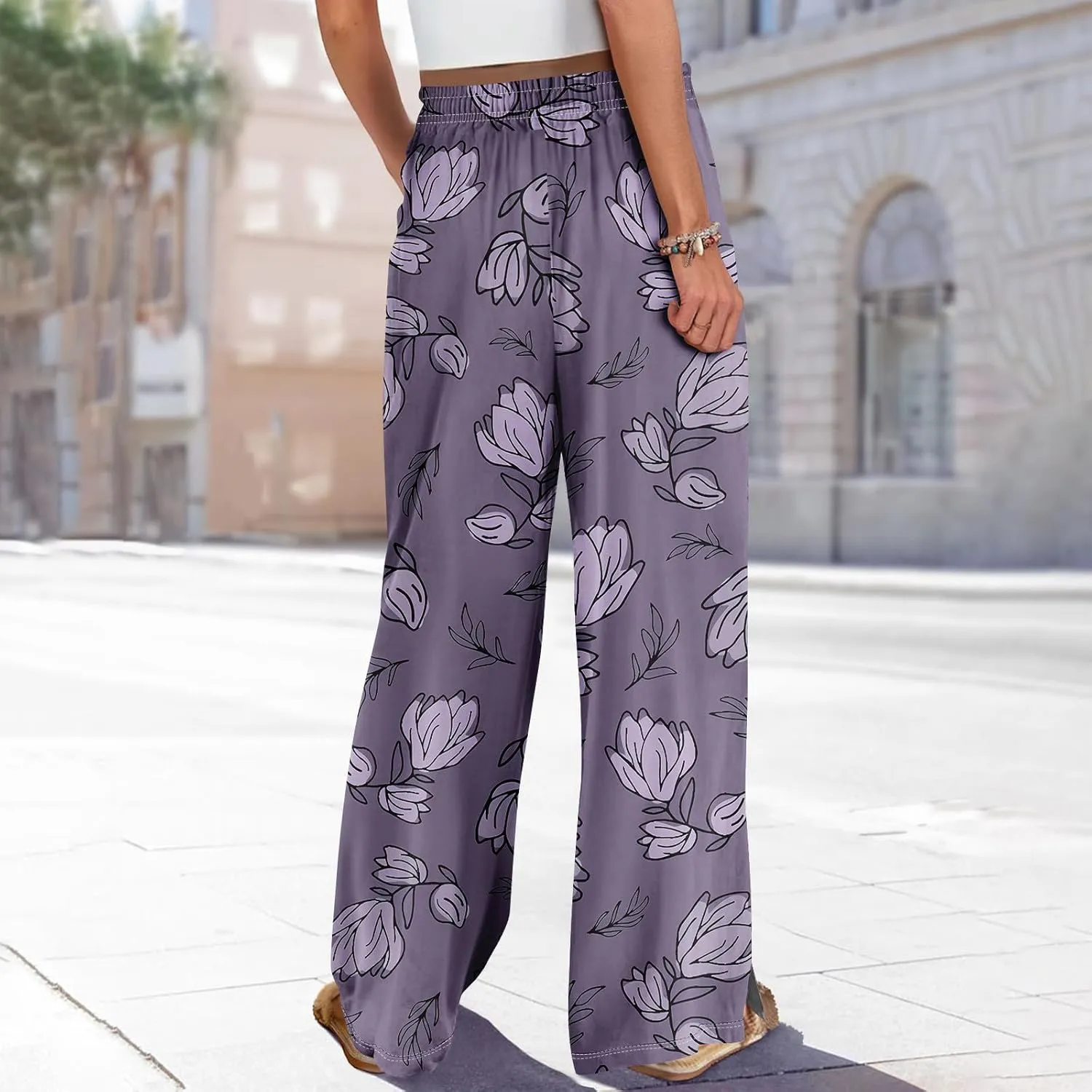 ADHOWBEW Womens Wide Leg Pants Loose Fit Wide Leg Bohemian Print Summer Plus Size 2025 Dressy Flowy Trousers