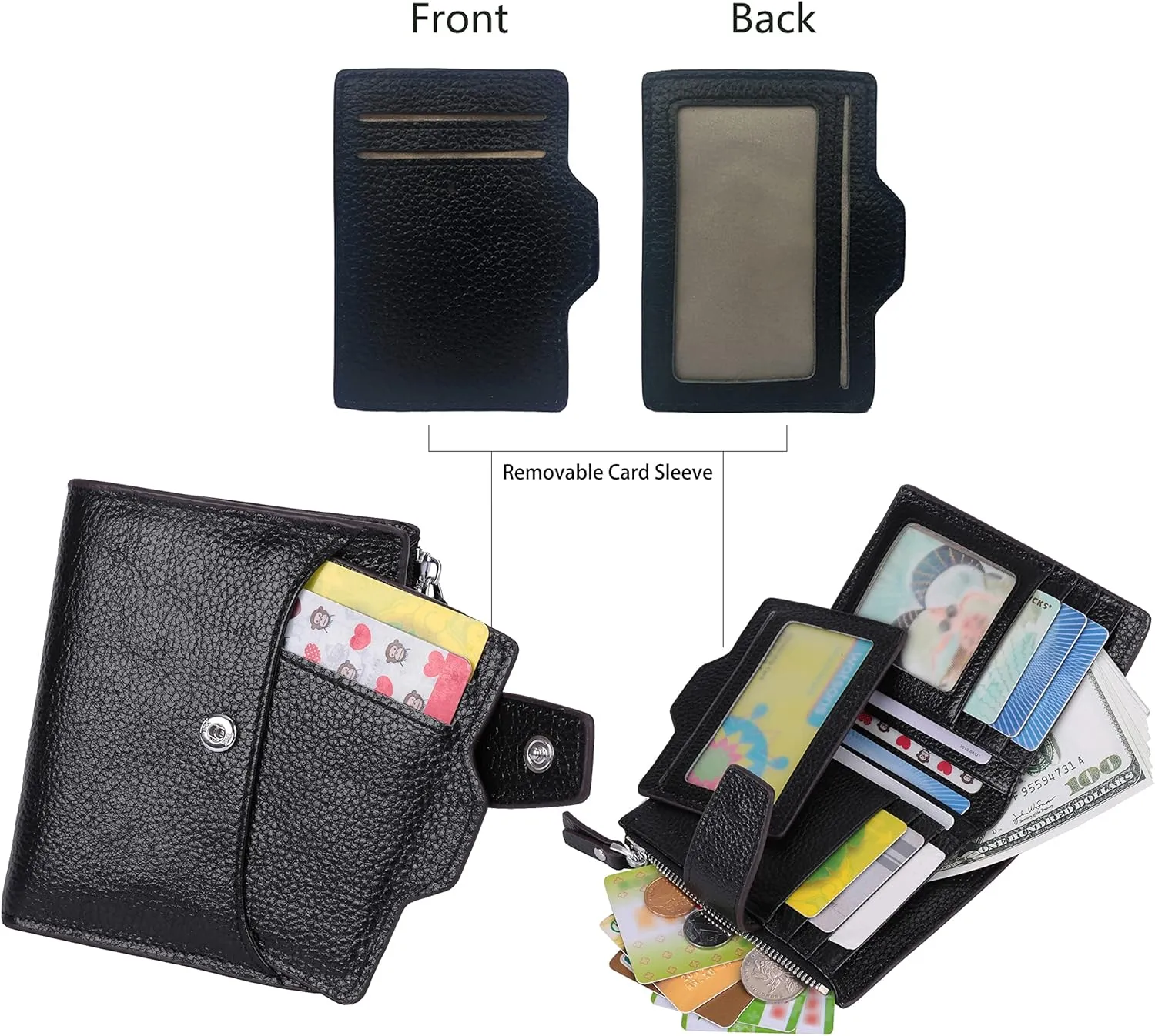 AINIMOER Women's RFID Blocking Leather Small Compact Bi-fold Zipper Pocket Wallet Card Case Purse with id Window