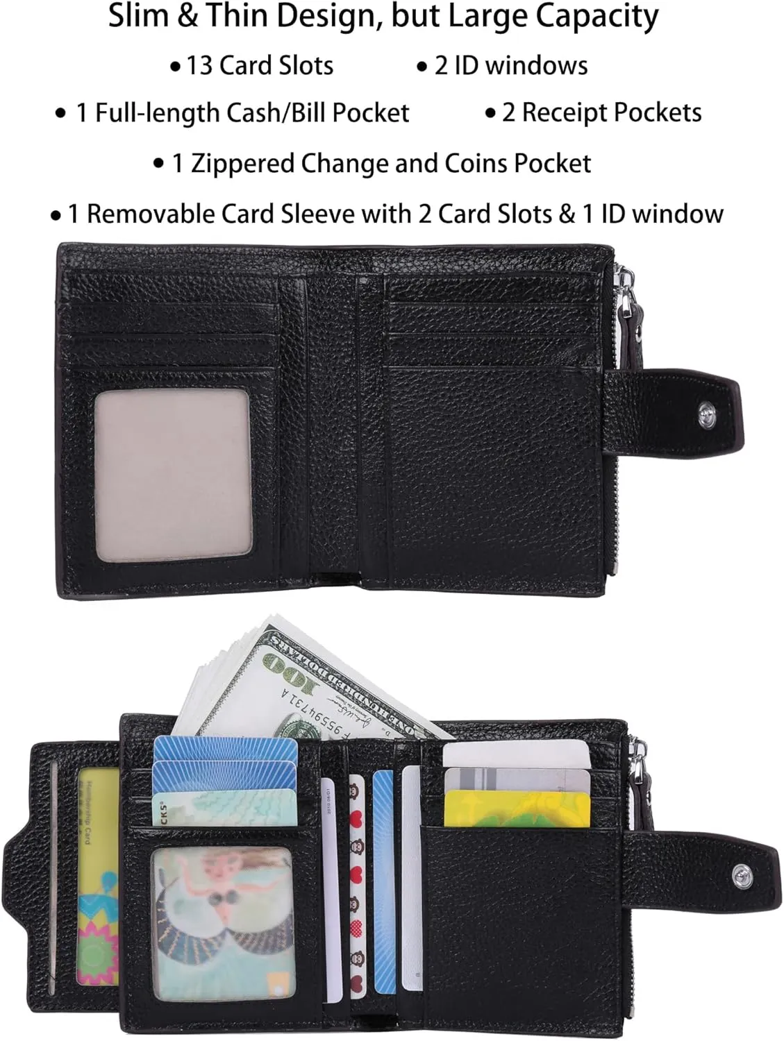 AINIMOER Women's RFID Blocking Leather Small Compact Bi-fold Zipper Pocket Wallet Card Case Purse with id Window