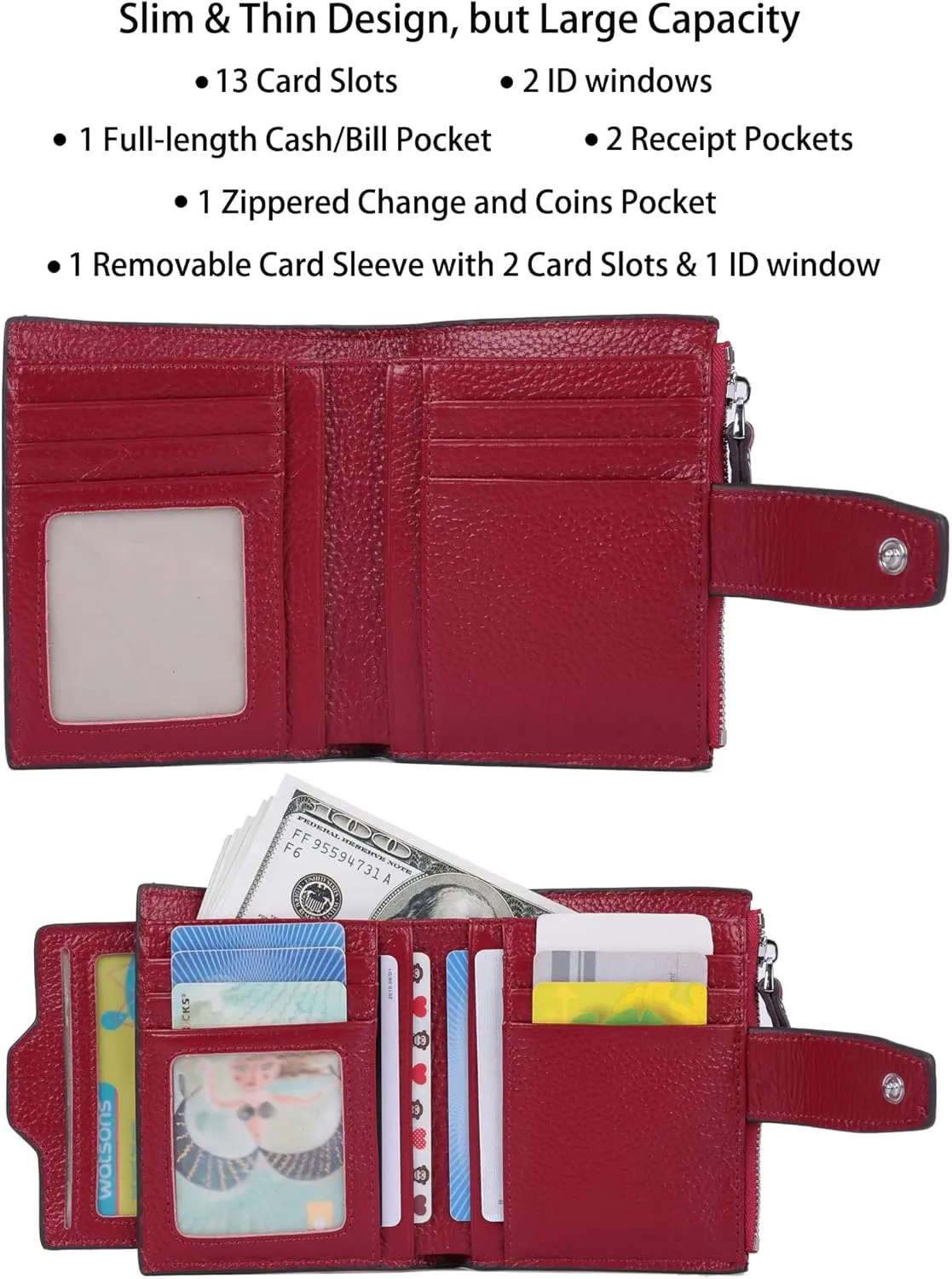AINIMOER Women's RFID Blocking Leather Small Compact Bi-fold Zipper Pocket Wallet Card Case Purse with id Window