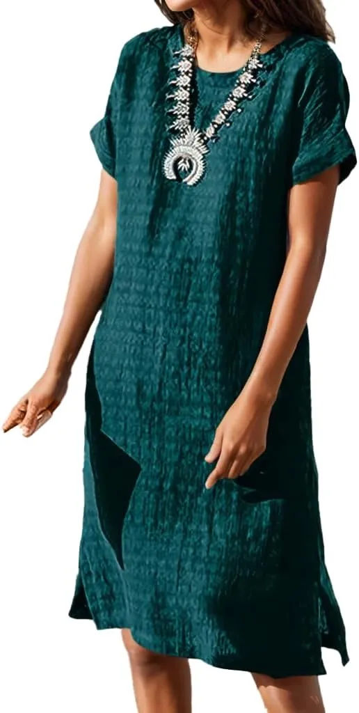 Akivide Women's Summer Midi Dresses Crewneck Short Sleeve Texture Knee Length Party Beach Sundress Shift Dress