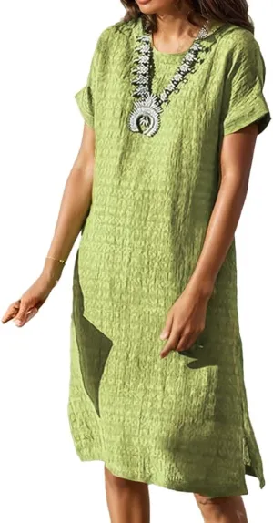 Akivide Women's Summer Midi Dresses Crewneck Short Sleeve Texture Knee Length Party Beach Sundress Shift Dress