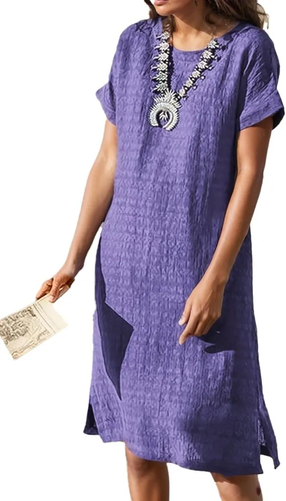 Akivide Women's Summer Midi Dresses Crewneck Short Sleeve Texture Knee Length Party Beach Sundress Shift Dress