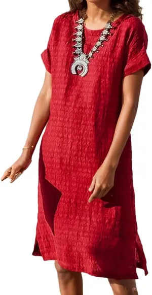 Akivide Women's Summer Midi Dresses Crewneck Short Sleeve Texture Knee Length Party Beach Sundress Shift Dress