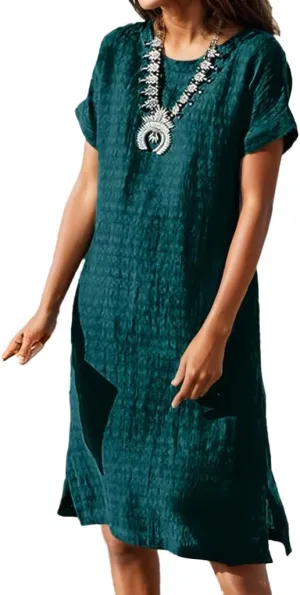 Akivide Women's Summer Midi Dresses Crewneck Short Sleeve Texture Knee Length Party Beach Sundress Shift Dress