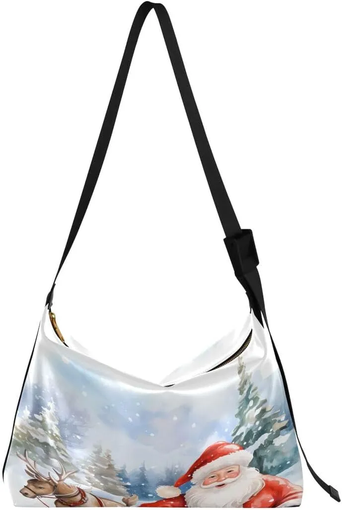 ALAZA Artwork Santa Claus Deer Christmas Women's Leather Hobo Handbag Shoulder Bag Crossbody Casual Large Tote Bag Purse