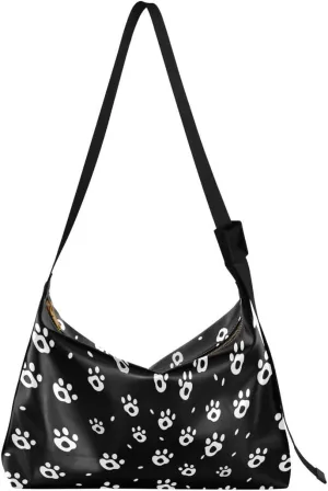 ALAZA Back White Paw Print Women's Leather Hobo Handbag Shoulder Bag Crossbody Casual Large Tote Bag Purse