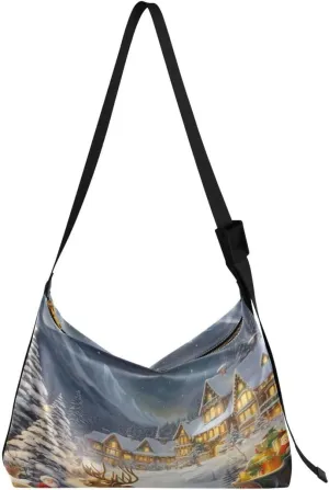 ALAZA Beautiful Reindeer Castle Snow Tree Christmas Women's Leather Hobo Handbag Shoulder Bag Crossbody Casual Large Tote Bag Purse
