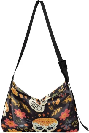 ALAZA Blossom Skull Head Dia De Los Muertos Butterfly Women's Leather Hobo Handbag Shoulder Bag Crossbody Casual Large Tote Bag Purse