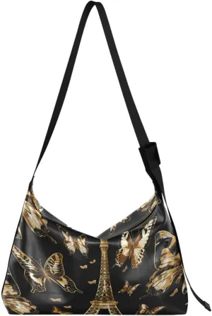 ALAZA Butterfly Paris Eiffel Tower France Butterfly Women's Leather Hobo Handbag Shoulder Bag Crossbody Casual Large Tote Bag Purse