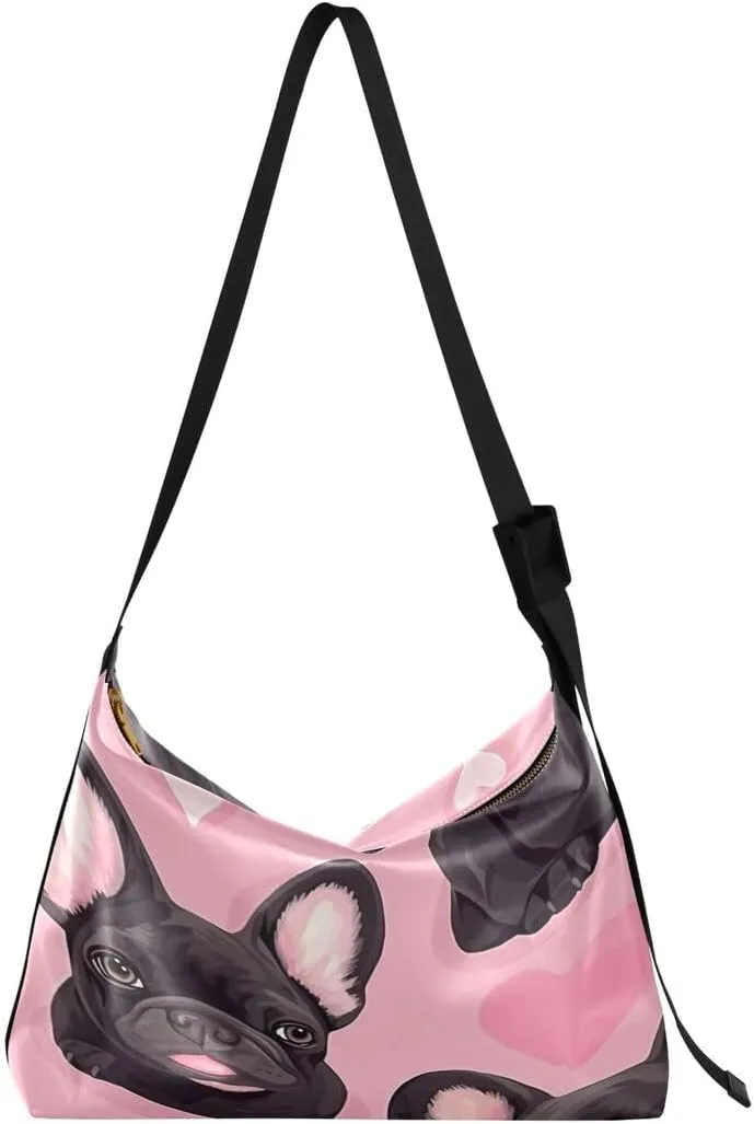 ALAZA Caroon French Bulldog Love Heart Women's Leather Hobo Handbag Shoulder Bag Crossbody Casual Large Tote Bag Purse