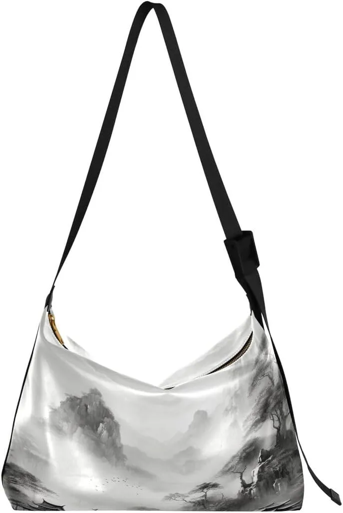 ALAZA Chinese Mountain Watercolor Women's Leather Hobo Handbag Shoulder Bag Crossbody Casual Large Tote Bag Purse