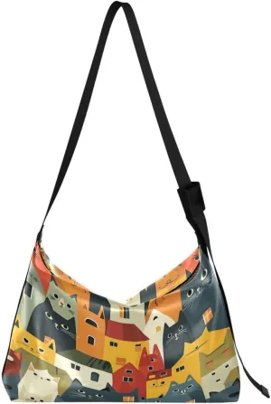 ALAZA Colorful Cat Kitten House Butterfly Women's Leather Hobo Handbag Shoulder Bag Crossbody Casual Large Tote Bag Purse