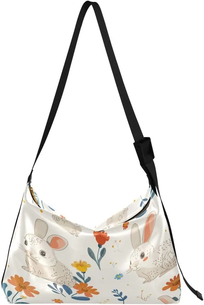 ALAZA Flower Rabbit Bunny White Floral Women's Leather Hobo Handbag Shoulder Bag Crossbody Casual Large Tote Bag Purse