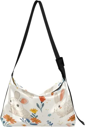 ALAZA Flower Rabbit Bunny White Floral Women's Leather Hobo Handbag Shoulder Bag Crossbody Casual Large Tote Bag Purse