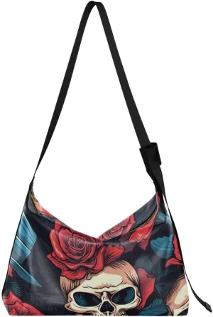 ALAZA Funny Sugar Skull Red Rose Flower Women's Leather Hobo Handbag Shoulder Bag Crossbody Casual Large Tote Bag Purse