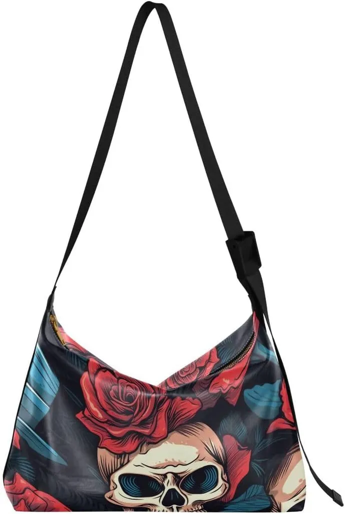 ALAZA Funny Sugar Skull Red Rose Flower Women's Leather Hobo Handbag Shoulder Bag Crossbody Casual Large Tote Bag Purse