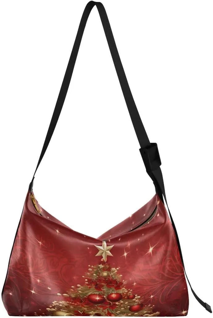 ALAZA Gold Red Bell Merry Christmas Women's Leather Hobo Handbag Shoulder Bag Crossbody Casual Large Tote Bag Purse