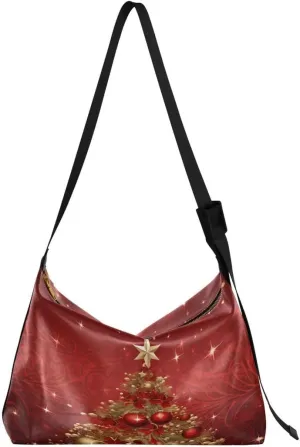 ALAZA Gold Red Bell Merry Christmas Women's Leather Hobo Handbag Shoulder Bag Crossbody Casual Large Tote Bag Purse