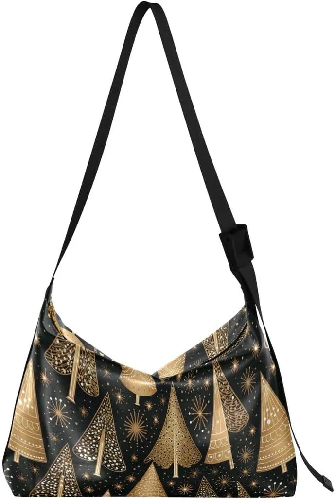 ALAZA Gold Snowflake Heart Christmas Tree Women's Leather Hobo Handbag Shoulder Bag Crossbody Casual Large Tote Bag Purse