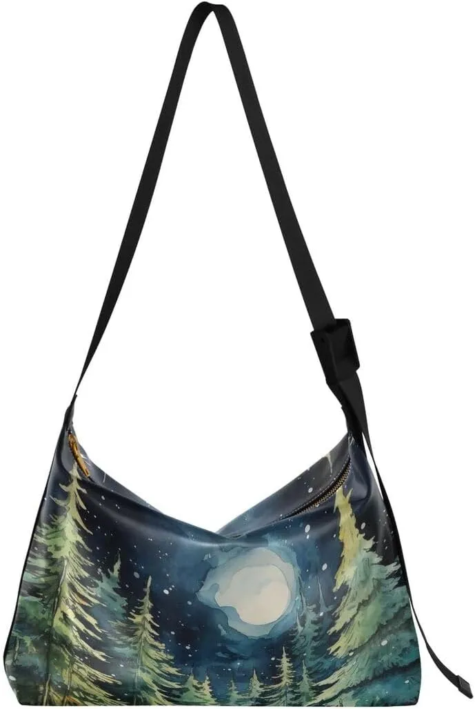 ALAZA Green Painting Moon Pine Tree Xmas Women's Leather Hobo Handbag Shoulder Bag Crossbody Casual Large Tote Bag Purse