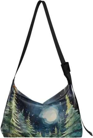 ALAZA Green Painting Moon Pine Tree Xmas Women's Leather Hobo Handbag Shoulder Bag Crossbody Casual Large Tote Bag Purse