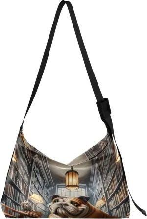 ALAZA Hipster Bulldog Dog Bookshelf Women's Leather Hobo Handbag Shoulder Bag Crossbody Casual Large Tote Bag Purse