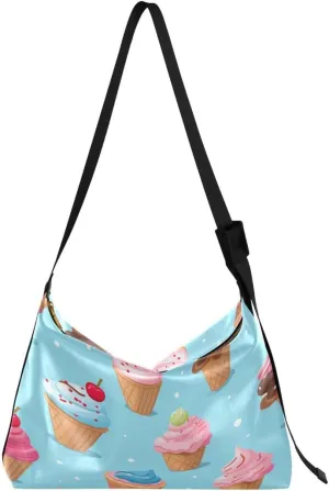 ALAZA Ice Cream Blue Cupcake Cherry Butterfly Women's Leather Hobo Handbag Shoulder Bag Crossbody Casual Large Tote Bag Purse