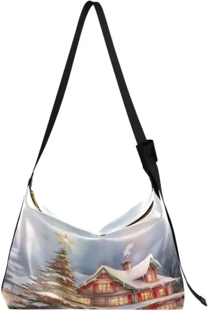 ALAZA Oil Painting Castle Christmas Tree Women's Leather Hobo Handbag Shoulder Bag Crossbody Casual Large Tote Bag Purse