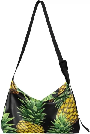 ALAZA Pineapple on Black Butterfly Women's Leather Hobo Handbag Shoulder Bag Crossbody Casual Large Tote Bag Purse