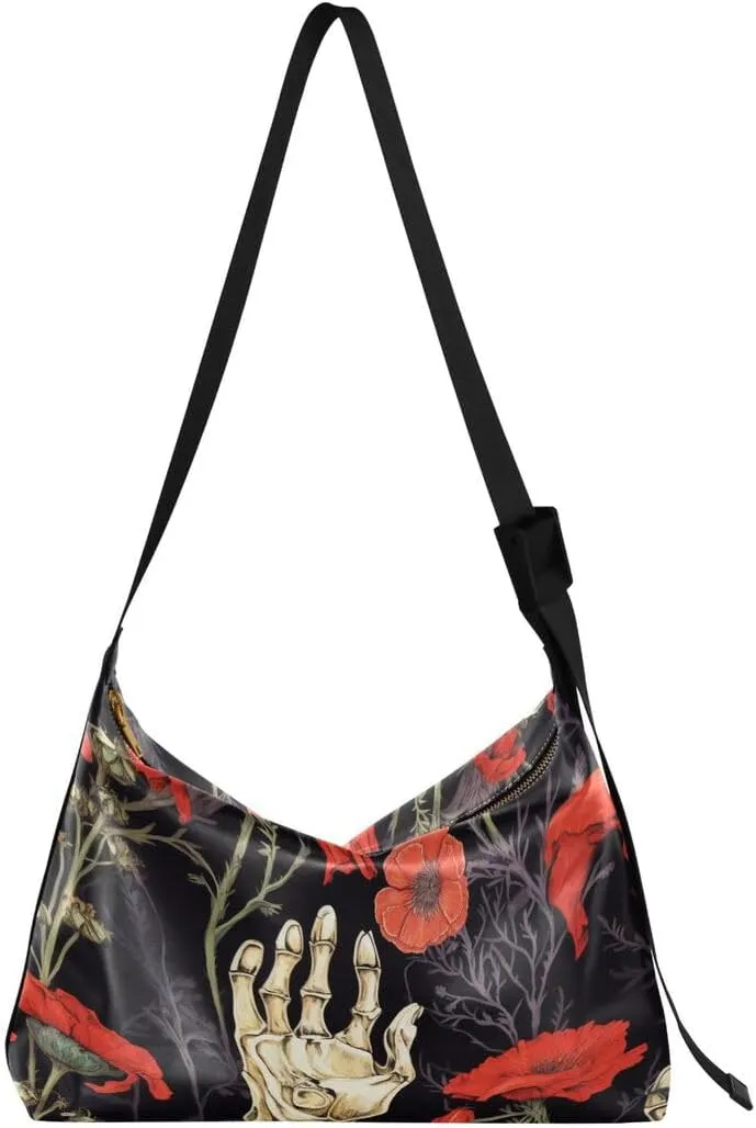 ALAZA Poppy Flower Hand Black Butterfly Women's Leather Hobo Handbag Shoulder Bag Crossbody Casual Large Tote Bag Purse