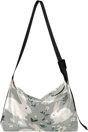 ALAZA Rabbit Bunny Flower White Gray Women's Leather Hobo Handbag Shoulder Bag Crossbody Casual Large Tote Bag Purse