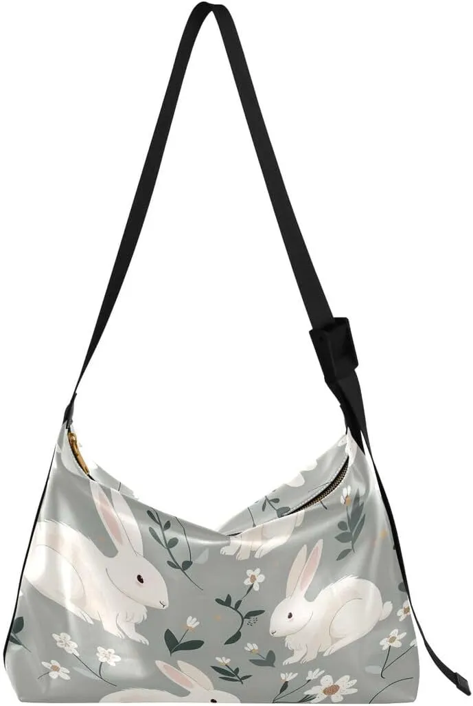ALAZA Rabbit Bunny Flower White Gray Women's Leather Hobo Handbag Shoulder Bag Crossbody Casual Large Tote Bag Purse