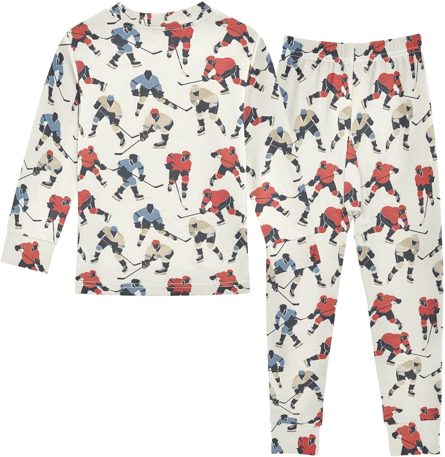 ALAZA Red Blue Ice Hockey Player Stylish Cartoon Pajamas Long Sleeve Sleepwear 2-Piece Pajama Set