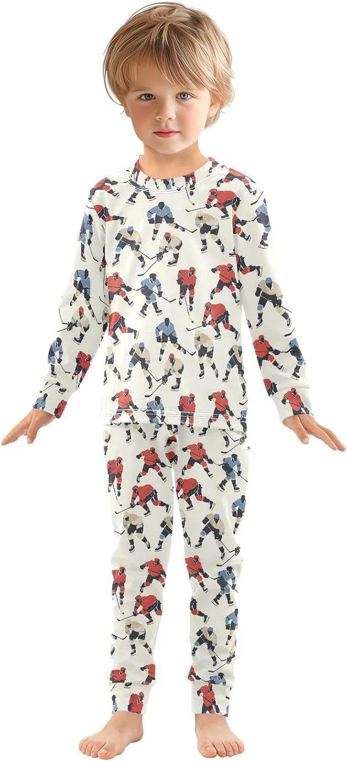 ALAZA Red Blue Ice Hockey Player Stylish Cartoon Pajamas Long Sleeve Sleepwear 2-Piece Pajama Set