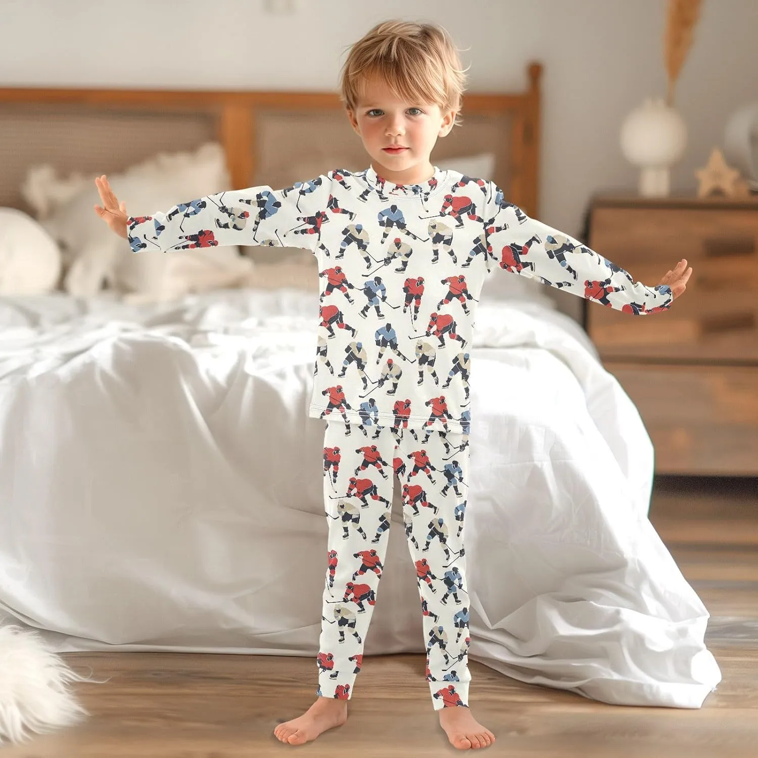 ALAZA Red Blue Ice Hockey Player Stylish Cartoon Pajamas Long Sleeve Sleepwear 2-Piece Pajama Set