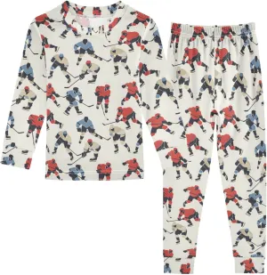 ALAZA Red Blue Ice Hockey Player Stylish Cartoon Pajamas Long Sleeve Sleepwear 2-Piece Pajama Set