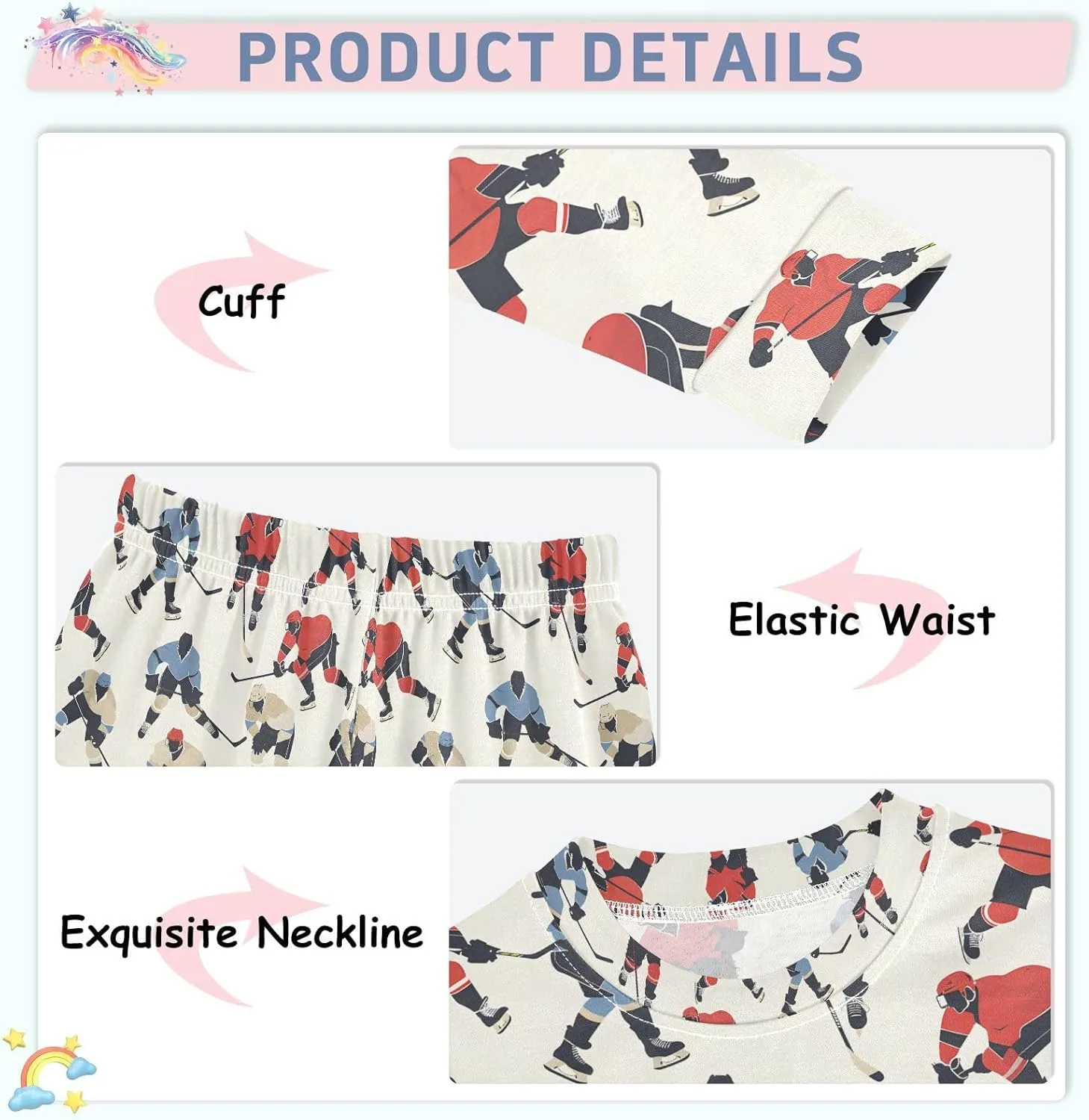 ALAZA Red Blue Ice Hockey Player Stylish Cartoon Pajamas Long Sleeve Sleepwear 2-Piece Pajama Set