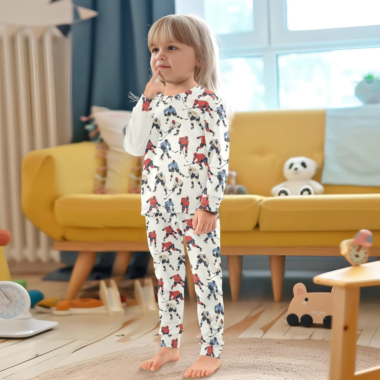 ALAZA Red Blue Ice Hockey Player Stylish Cartoon Pajamas Long Sleeve Sleepwear 2-Piece Pajama Set